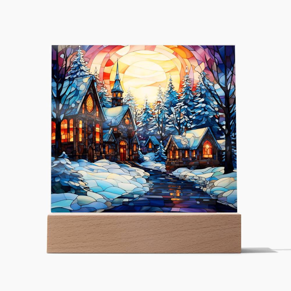 Stained Glass Christmas Village - Acrylic Square Plaque