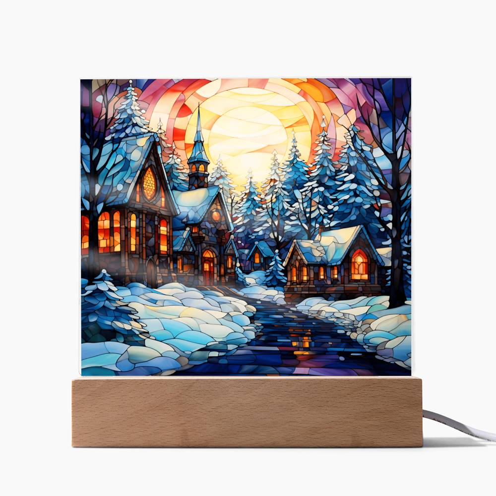 Stained Glass Christmas Village - Acrylic Square Plaque