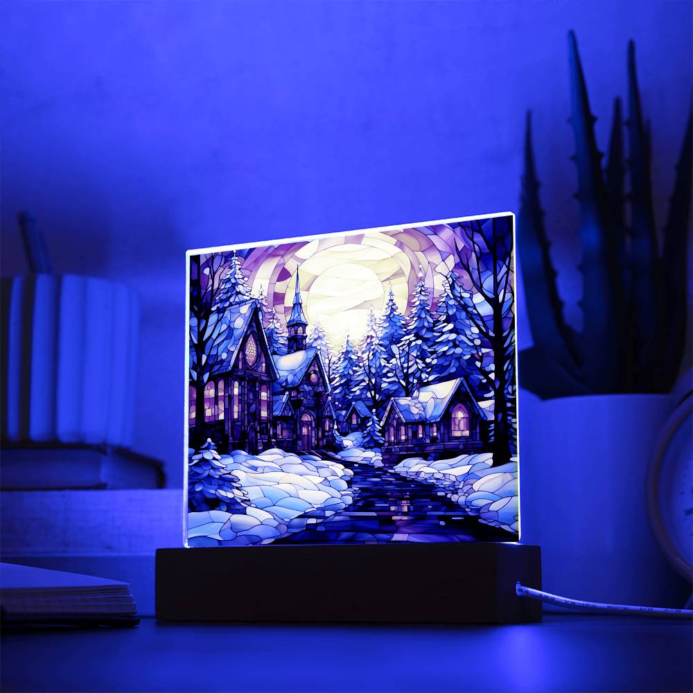 Stained Glass Christmas Village - Acrylic Square Plaque