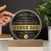 Load image into Gallery viewer, Bonus Dad Acrylic Circle Plaque - Certificate of Recognition
