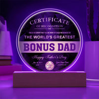 Load image into Gallery viewer, Bonus Dad Acrylic Circle Plaque - Certificate of Recognition
